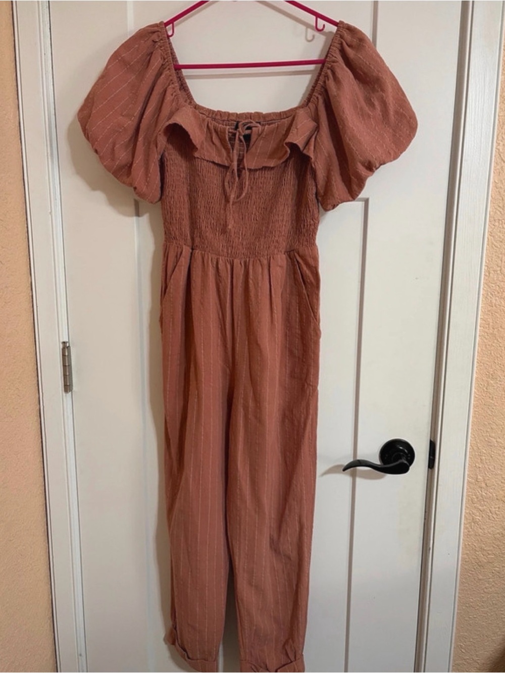 Lumiere Rust Brown Puff-Sleeve Smocked Jumpsuit